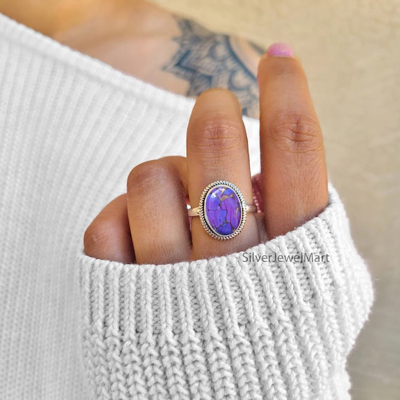 Handmade Ring for Her Oval Purple Turquoise Ring Gift for Women and Girls 925 Sterling Silver Copper Turquoise Ring Birthstone Ring