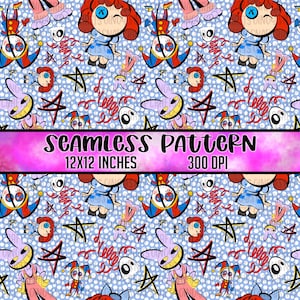 May include: Seamless pattern featuring cartoon characters, stars, and whimsical elements on a light blue background. The design includes a doll, a jester, a smiling rabbit, and the text "SEAMLESS PATTERN 12x12 INCHES 300 DPI".