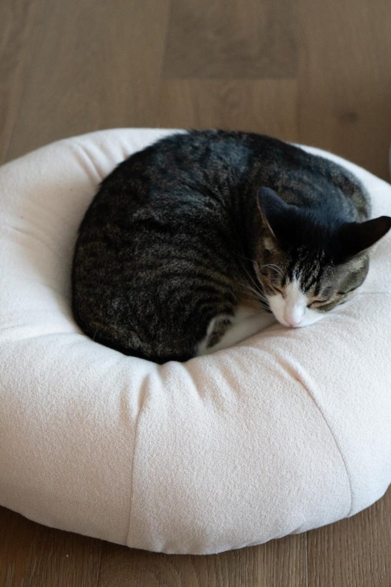 May include: A sleeping tabby cat, with black and grey stripes, curled on a light pink pet bed. The cat's face is white and grey, and its ears are perked. The bed is round and made of a soft, plush material.