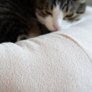 May include: A sleeping cat with black, brown, and white fur rests on a light beige, textured surface. The surface is a soft, plush material. The image is a close-up shot.