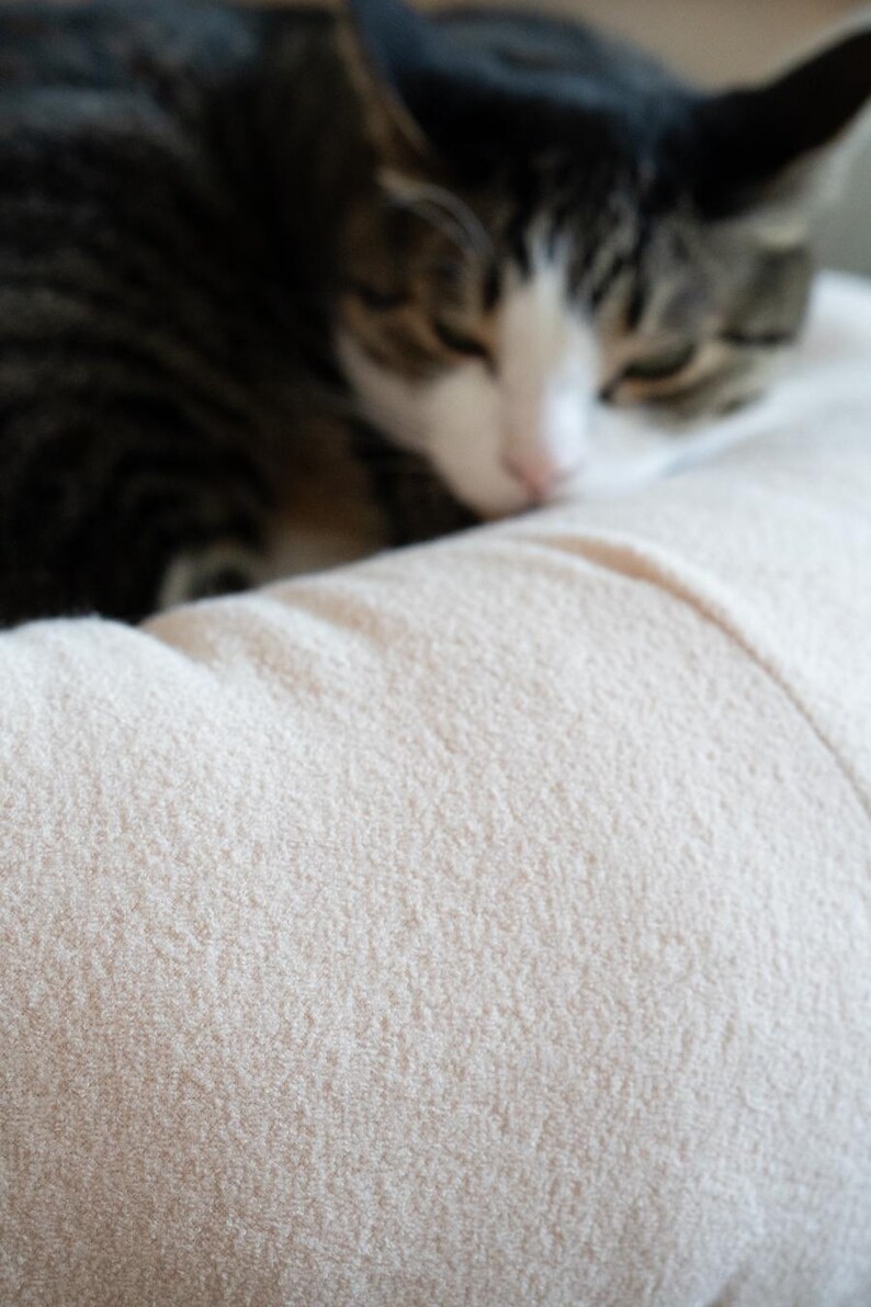 May include: A sleeping cat with black, brown, and white fur rests on a light beige, textured surface. The surface is a soft, plush material. The image is a close-up shot.