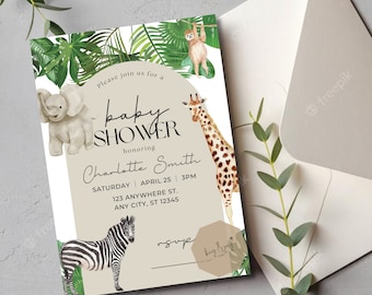 Safari Baby Shower Invitation Download | Jungle | Animals | Editable | Customizable | Personalized | Boy | Girl | Neutral | Green Template