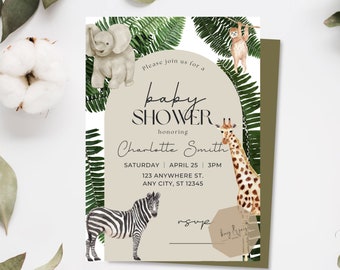 Safari Baby Shower Invitation Download | Jungle | Animals | Editable | Customizable | Personalized | Boy | Girl | Neutral | Green Template