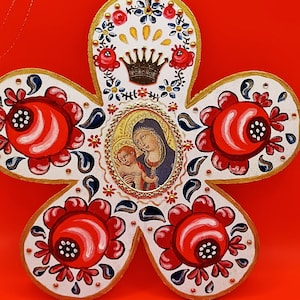 Joia especial para parede, imagem inusitada da Mãe de Deus com o menino, quadro de madeira em forma de flores com rosas, pintura de fazendeiro