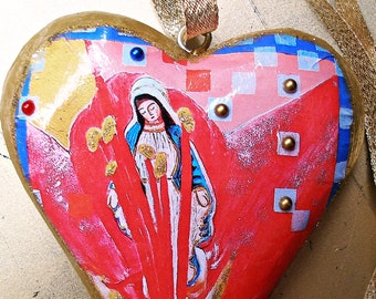 Hart van Maria, houten harthanger om op te hangen met afbeelding van de Heilige Maagd Maria, moderne afbeelding van Maria, christelijke decoratie, cadeau