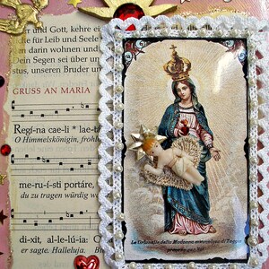 Gruß an Maria, Marienandacht, Mariengebet mit Jesuskind,  kleiner Altar, Heiligenbildchen, Gebetskärtchen, Andachtsbildchen, Himmelskönigin