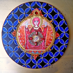 Icona della Vergine Maria, Madre di Dio con Gesù Bambino, dipinto a tecnica mista, Madonna con Bambino, altare da parete, arte cristiana con la Madre di Dio