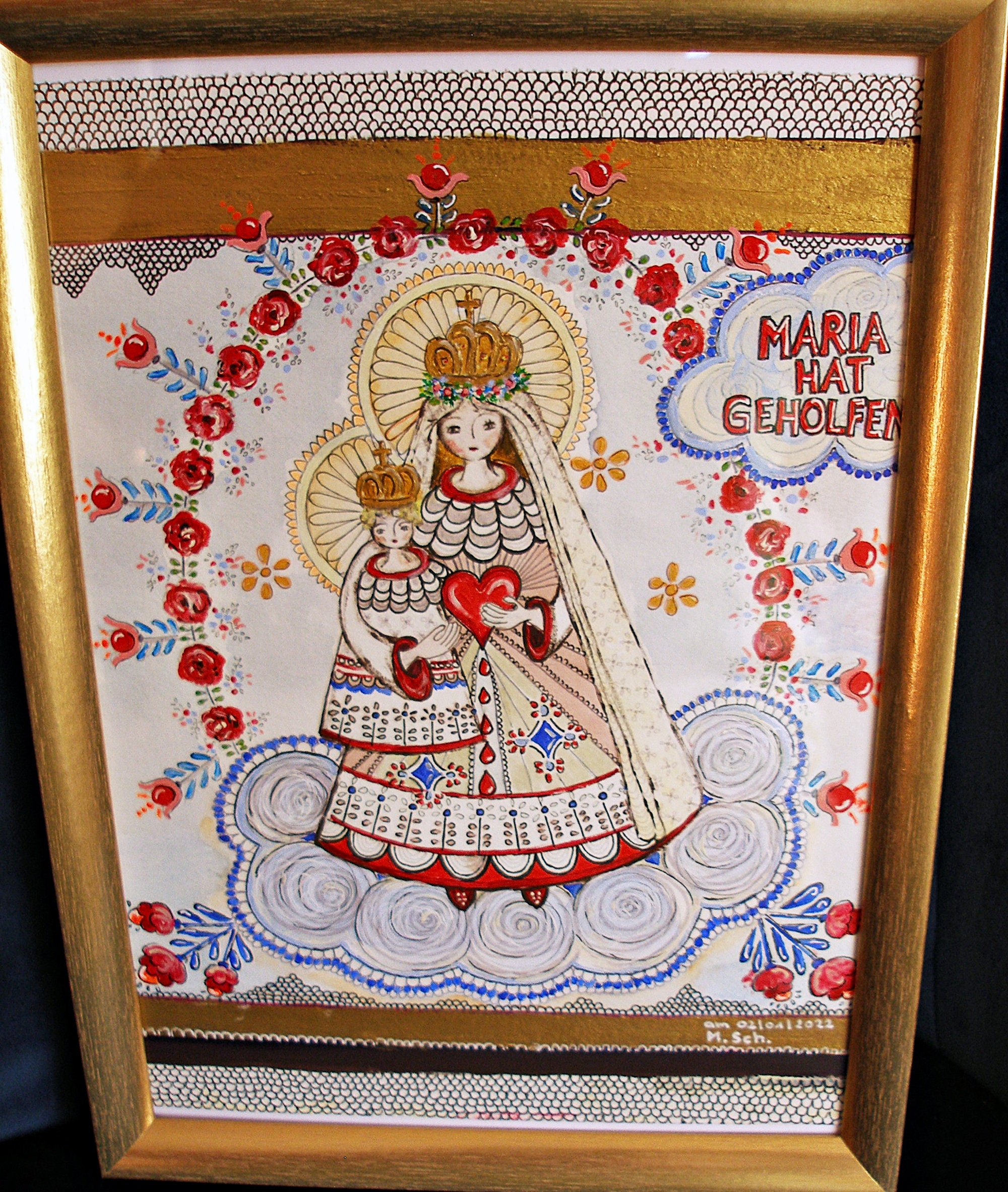 一点もの 貴重 手描き 陶画 金箔 聖母マリア 祈り クリスマス 聖母