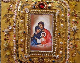 Holy family, birth of Jesus Christ, Christmas, Mary and Joseph, three kings, Mother's day - gold embroidery, modern german monastery work