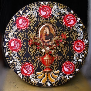 Wall art Our Lady with Son, religious mixed media collage Virgin Mary with vintage roses peasant painting, monastery work on round canvas
