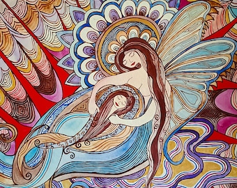 Fine art print: Guardian angel painting of mother and daughter. Colorful, spiritual wall art, digital print of original watercolor painting