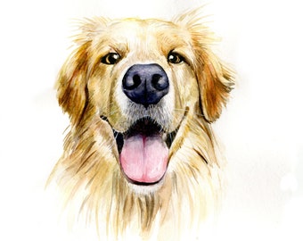 Puede incluir: Pintura acuarela de un perro golden retriever con la lengua fuera. El perro tiene una expresión feliz y mira directamente al espectador.