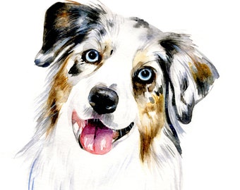 Custom pet portrait from photo watercolor painting Australian shepherd dog portrait memorial gift Dog portrait  custom  pet portrait