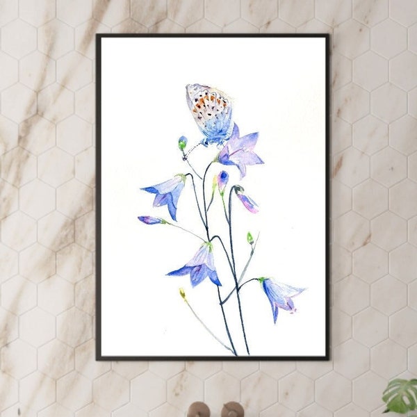 Digital download original watercolor painting  bellflowers painting Campanula drawing butterfly painting home decor art illustration  images