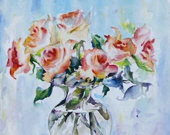 Original watercolor painting oreng pink roses lovely flowers home decor original watercolor wall art gift  art original handmade