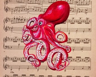 Original! Musical not of 1963 red octopus painting on the Haydns nots,original handmade collection, limited collection!