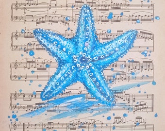 Original! Musical not of 1963 blue starfish painting on the Haydns nots original handmade collection painting.