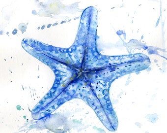 Original watercolor painting  bleu Starfish original handmade collection starfish art