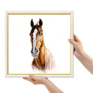 May include: A watercolor painting of a brown horse with a white star on its forehead. The horse is looking directly at the viewer with its head tilted slightly to the side.