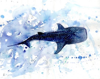 Whale blue shark original watercolor painting original handmade collection