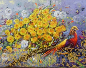 Dragon pheasant Golden bird.Original oil colour painting"Sun Flowers" yellow flowers gift home decor wall art original art sonchus arvensis