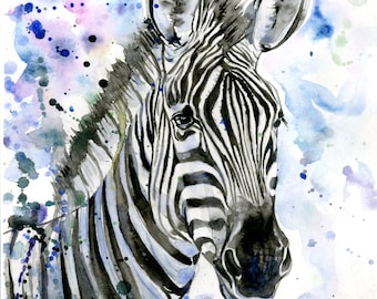 Original watercolor painting zebra original handmade collection.