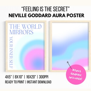 May include: Two framed posters with a gradient background in shades of blue and pink. The left poster has the text "The World Mirrors Your Inner Self" in black text. The right poster has a bonus graphic included. The posters are available in sizes 4x5 inches, 8x10 inches, and 16x20 inches.