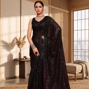Schwarz Party Wear Saree: Reihenfolge und Fadenarbeit Volle Reihenfolge der Arbeit Nacht Funkelnde Saree