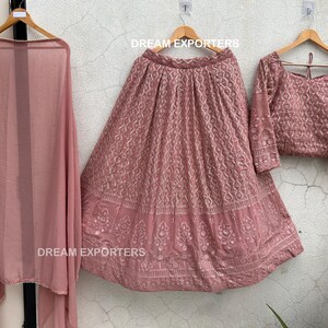 Rosy Pink Georgette Lengha Choli Set: Indian Cultural Outfit Ceremonial Lehenga Choli Set