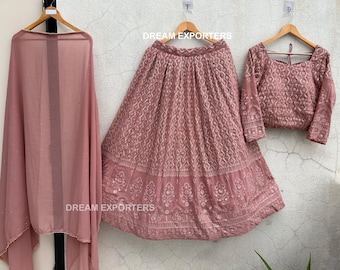 Rosy Pink Georgette Lengha Choli Set: Indian Cultural Outfit Ceremonial Lehenga Choli Set