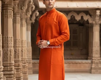 Orange Kurta For Wedding : Indian Traditional Men's Wear Silk Kurta With Pant