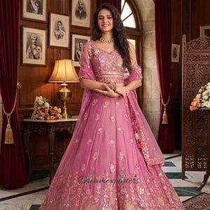 Dusty Pink Organza Choli : Patch Work Heavy Designer Lehenga For Wedding Wear