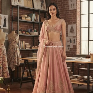May include: A light pink lehenga with gold embroidery. The outfit includes a matching top and dupatta. The model is standing in a studio with brick walls and design sketches. The text "Dreamexporters" is visible on the outfit.