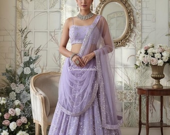 Georgette Lehenga Choli Für Frauen: Ssequenz Thread Gestickte Hochzeitskleidung Schweres Outfit