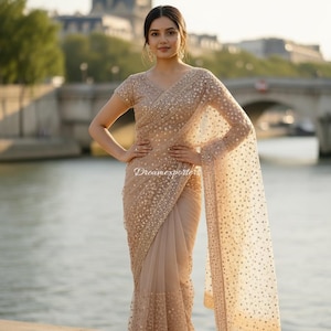 Golden Net Saree With Blouse: Sequence Work Indian Traditional Sadi Set