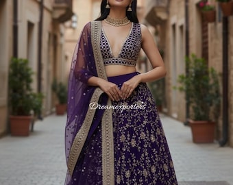 Purple Lehenga Choli For Women: Heavy Embroidered Lhengha Choli Indian Party Outfit Reception Wear