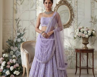Lehenga Choli en georgette, Lehenga de mariage indien brodé de fils de sequins