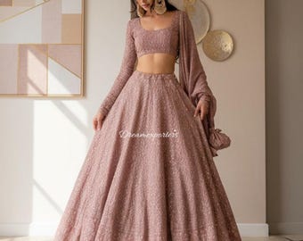 Rosy Brown Lehenga Choli For Women: Embroidered Indian Wear Evening Dress Outfit