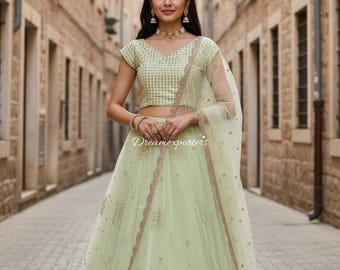 Pista Green Lhenga For Women: Indian Wedding Party Wear Ready To Wear Bridesmaid Lehenga Choli
