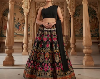 Banarasi Silk Lehenga Choli Set: Ready To Wear Black Ghaghra Choli For Indian Wedding