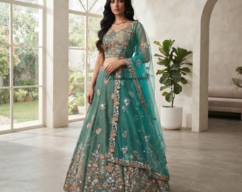 Lichtgroene Lehenga Choli voor dames: feestelijke Indiase organza kleding