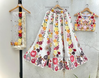 Amazing White Lehenga Choli For Women Indian Wedding Party Wear Chaniya Choli Bridesmaids Ghagra Choli Readymade Multi Floral Lehanga Choli