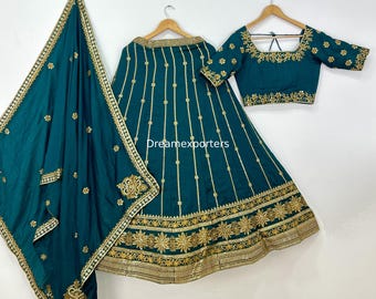 Zielony jedwabny komplet Lehenga Choli: haftowany indyjski strój ślubny