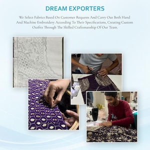 May include: A collage showing the Dream Exporters embroidery process. It includes a floral pattern sketch, a person cutting purple fabric with gold embellishments, a person hand-stitching a purple sequined fabric, and a person using a sewing machine.