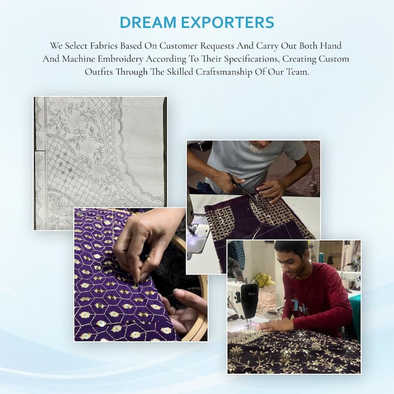 May include: A collage showing the Dream Exporters embroidery process. It includes a floral pattern sketch, a person cutting purple fabric with gold embellishments, a person hand-stitching a purple sequined fabric, and a person using a sewing machine.