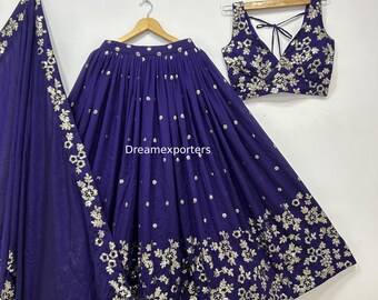Trajes indios de georgette morado: Conjunto tradicional étnico Lehenga Choli especial para bodas