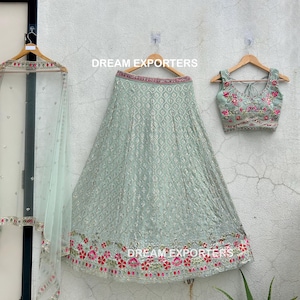 Op de afbeelding: Een lichtgroene geborduurde rok met een bijpassend geborduurd topje. De rok heeft een bloemenpatroon met roze en rode bloemen. Het topje is mouwloos en heeft een ronde hals. De tekst "DREAM EXPORTERS" is zichtbaar op de rok en het topje.