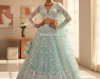 Himmelblau Lehenga Choli Für Frauen: Designer besticktes indisches Lengha Choli Kleid Hochzeitskleidung