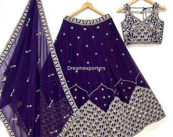 Lila Georgette Lehenga Choli Set: Zari-Stickerei, indische Hochzeitskleidung