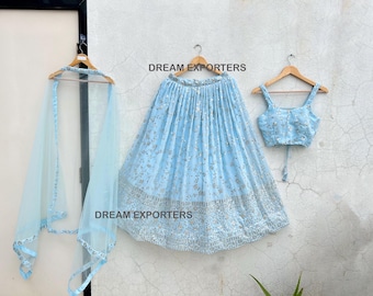 Sky Blue Lehenga Choli For Women Indian Wedding Party Wear Chaniya Choli Trendy Traditional Wear Lahengas Bollywood Style Lahenga Choli